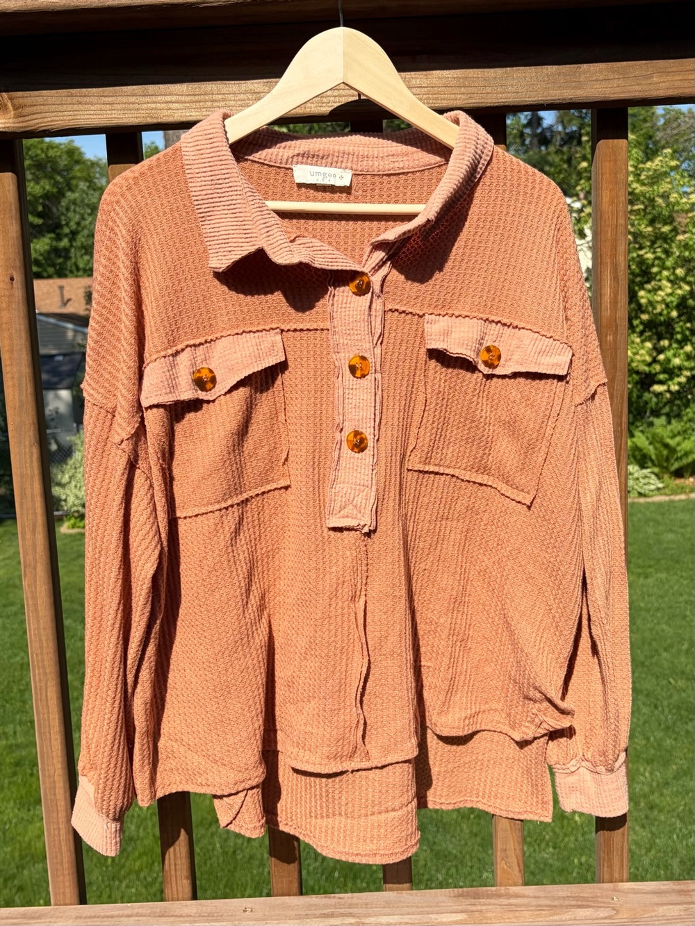 Umgee Waffle Button Down Top in Peach